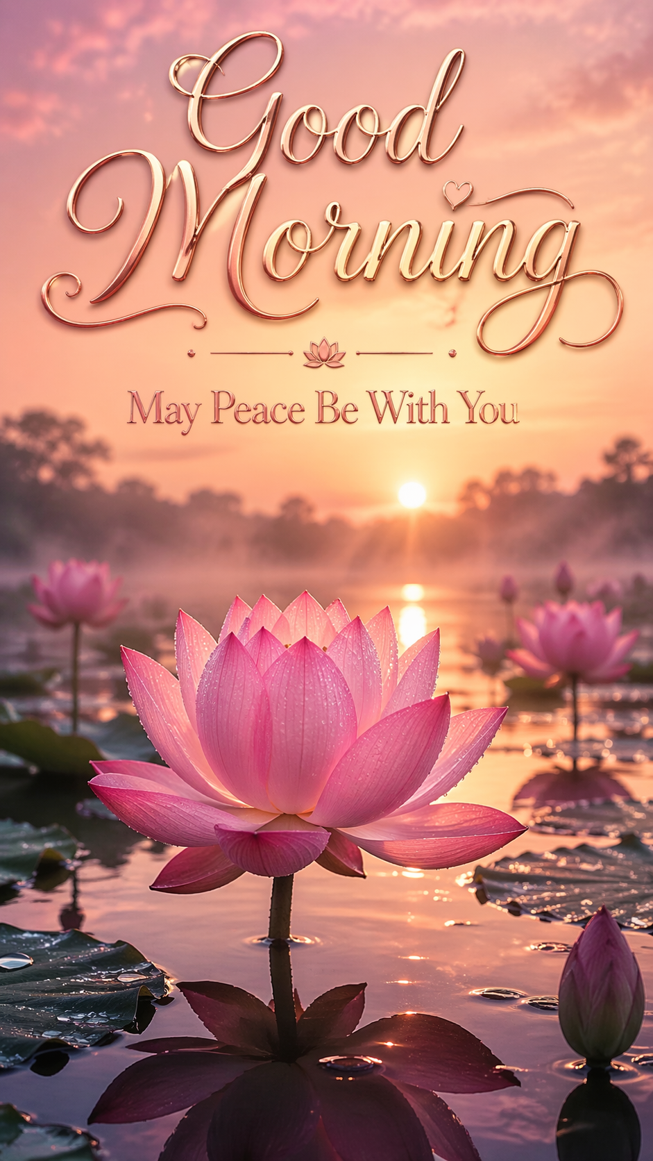 Good morning image pink lotus flower opening at sunrise calm pond May Peace Be With You
